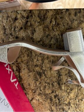 Silver Rhinestone Block Heel Sandals with Ankle Strap